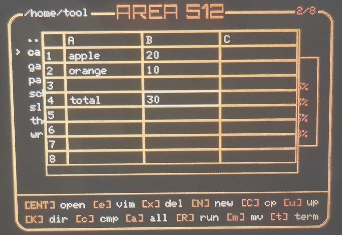 Calc showing a spreadsheet on the Cardputer screen