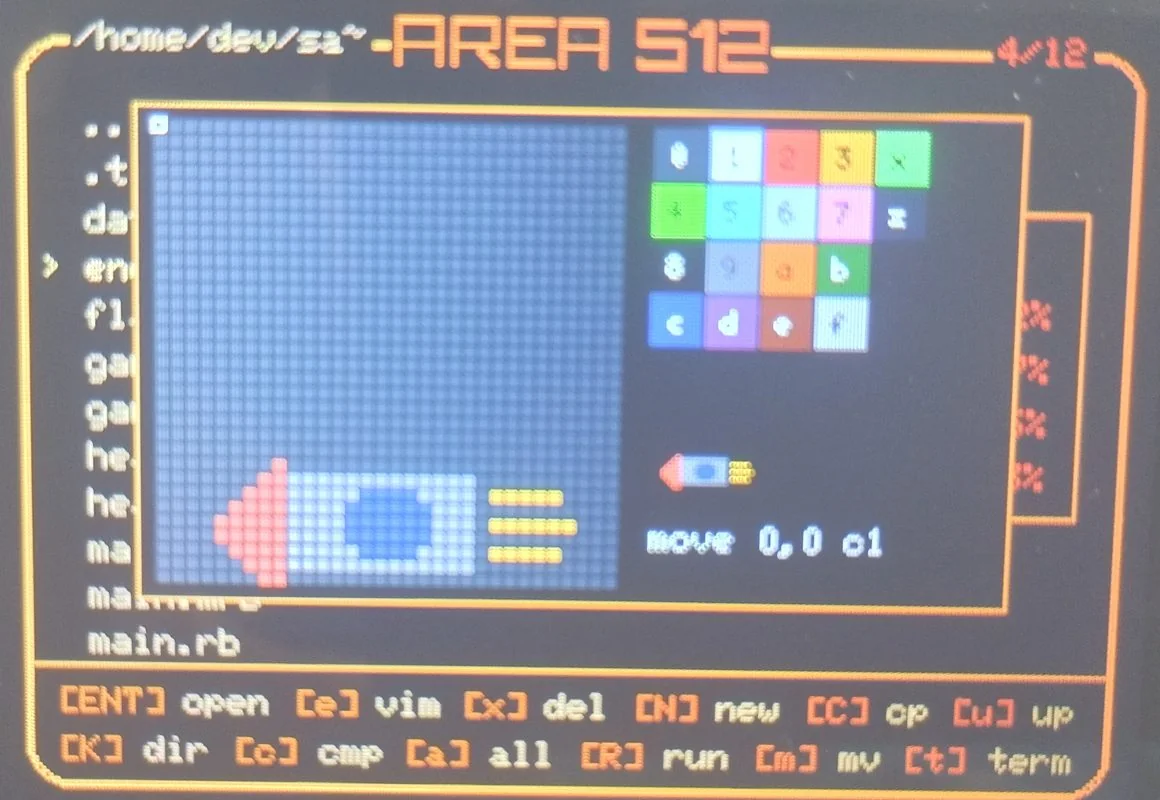 Dot editor showing a sprite and its palette on the Cardputer screen