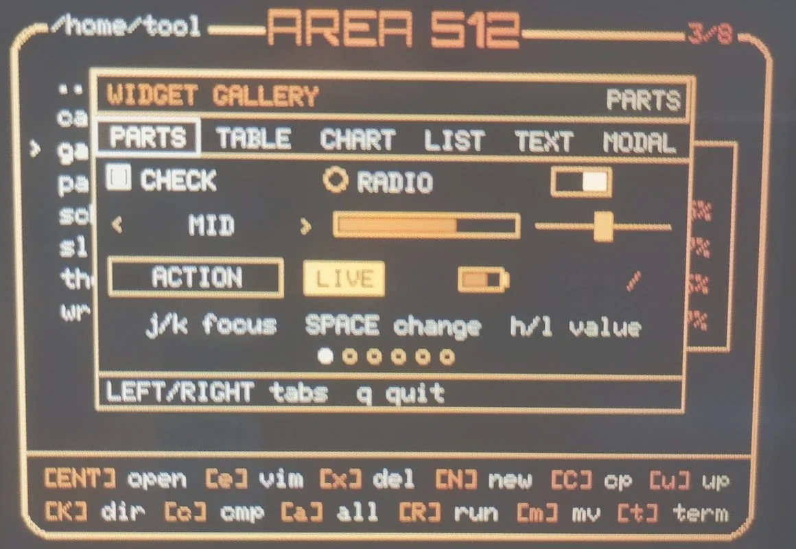 Widget Gallery showing the parts tab on the Cardputer screen
