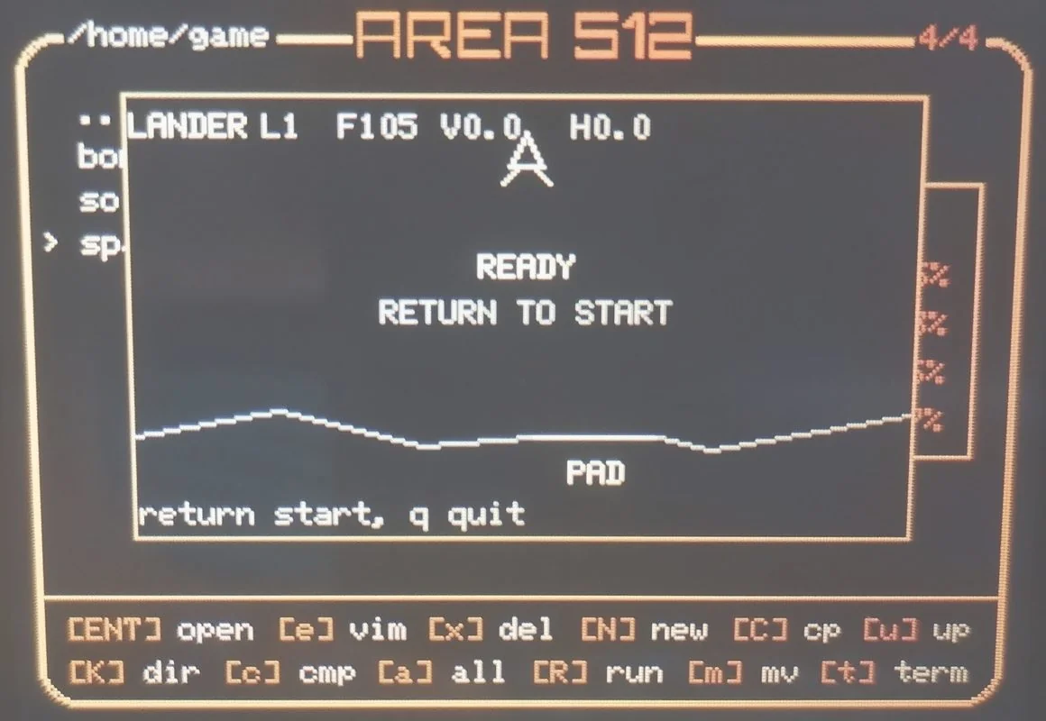 Space Lander showing the landing pad on the Cardputer screen