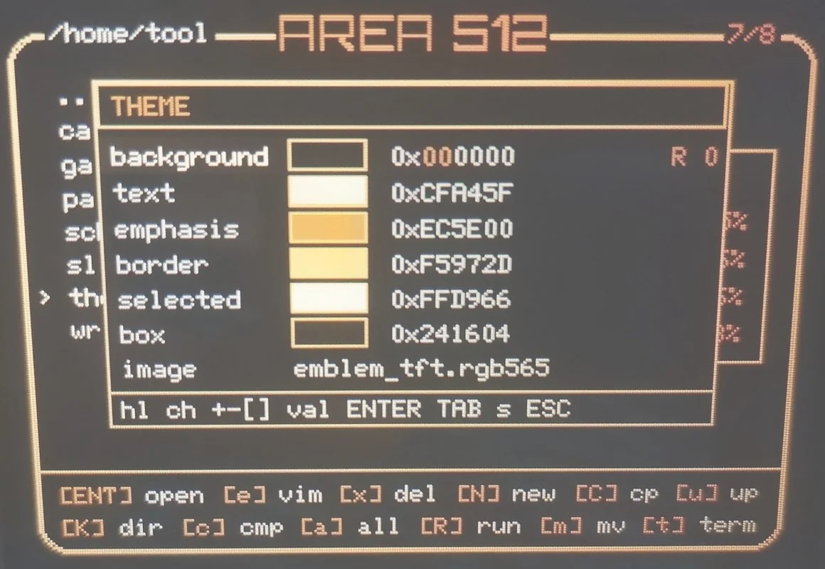 Theme editor showing the six interface colors on the Cardputer screen